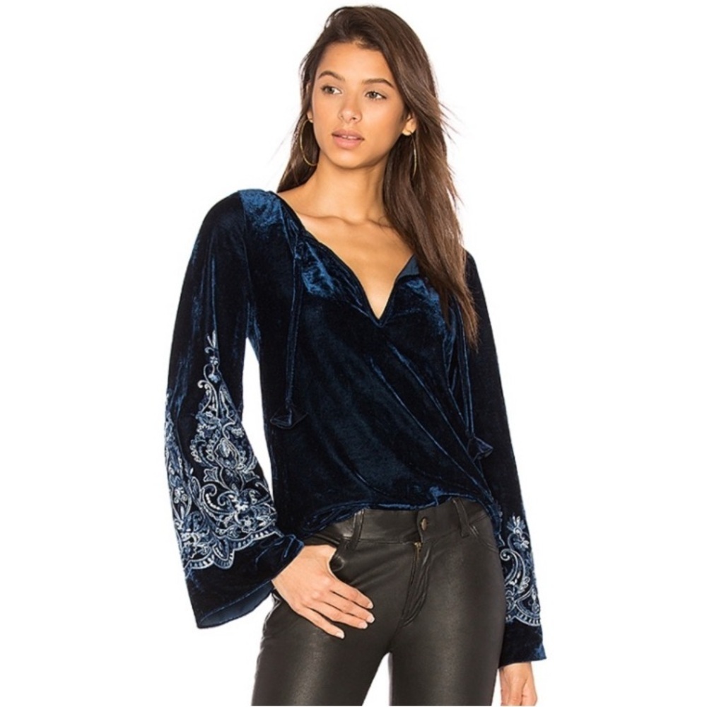 Misa Los Angeles Embroidered Velvet Mava Blouse In Navy, Size Xs